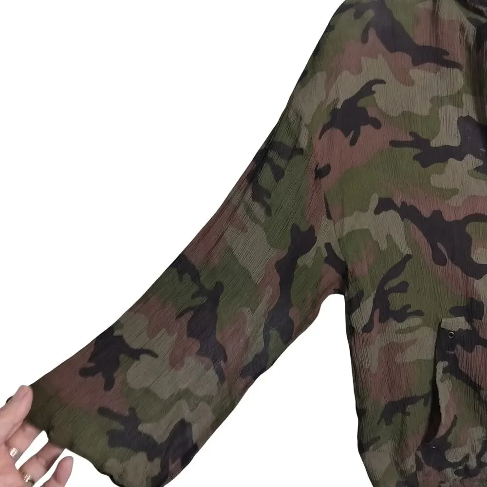 4994)Michael Kors Camouflage Silk Georgette semi Sheer Pullover Hooded Blouse M - Picture 4 of 11